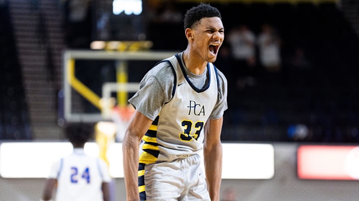 PCA's Chris Washington (33) celebrates a play during a Division II-A semifinal game between PCA and Goodpasture at Tennessee Tech University's Hooper Eblen Center in Cookeville, Tenn., on Thursday, March 6, 2025.