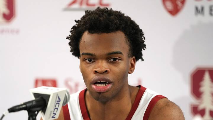 Dec 27, 2025; Stanford, California, USA; Stanford Cardinal guard Ebuka Okorie (1) talks to media members after defeating the CSUN Matadors at Maples Pavilion. Mandatory Credit: Darren Yamashita-Imagn Images Dec 27, 2025; Stanford, California, USA; Stanford Cardinal guard Ebuka Okorie (1) talks to media members after defeating the CSUN Matadors at Maples Pavilion. Mandatory Credit: Darren Yamashita-Imagn Images