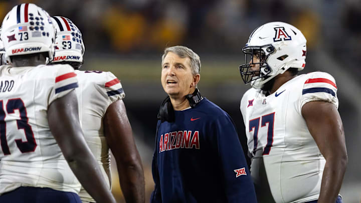 Nov 28, 2025; Tempe, Arizona, USA; Arizona Wildcats head coach Brent Brennan against the Arizona State Sun Devils during the 99th Territorial Cup at Mountain America Stadium. Mandatory Credit: Mark J. Rebilas-Imagn Images