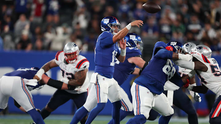 Aug 21, 2025; East Rutherford, New Jersey, USA; New York Giants quarterback Tommy DeVito (15) throws a pass during the second half against the New England Patriots at MetLife Stadium. Mandatory Credit: Vincent Carchietta-Imagn Images