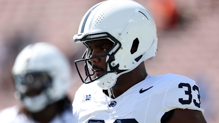 Oct 4, 2025; Pasadena, California, USA;  Penn State Nittany Lions defensive end Dani Dennis-Sutton (33) warms up before the game against the UCLA Bruins at Rose Bowl. Mandatory Credit: Kiyoshi Mio-Imagn Images