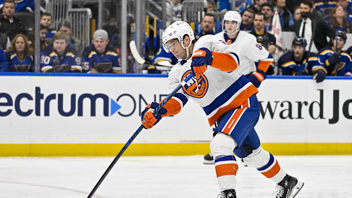 Feb 22, 2024; St. Louis, Missouri, USA;  New York Islanders right wing Oliver Wahlstrom (26) shoots against the St. Louis Blues at Enterprise Center. Mandatory Credit: Jeff Curry-Imagn Images