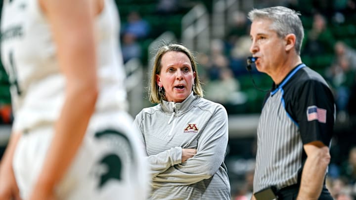 Minnesota's head coach Dawn Plitzuweit talks to a referee during the second quarter in the game against Michigan State on Monday, Feb. 5, 2024, at the Breslin Center in East Lansing.
