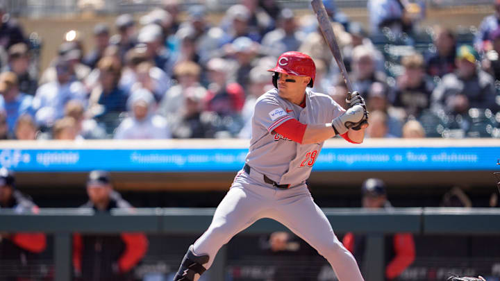 Apr 19, 2026; Minneapolis, Minnesota, USA; Cincinnati Reds center fielder TJ Friedl (29) at bat against Minnesota Twins starting pitcher Bailey Ober (17) in the first inning at Target Field. Mandatory Credit: Matt Blewett-Imagn Images