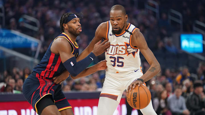 Jan 31, 2025; San Francisco, California, USA; Phoenix Suns forward Kevin Durant (35) dribbles the ball next to Golden State Warriors guard Buddy Hield (7) in the first quarter at the Chase Center. Mandatory Credit: Cary Edmondson-Imagn Images Jan 31, 2025; San Francisco, California, USA; Phoenix Suns forward Kevin Durant (35) dribbles the ball next to Golden State Warriors guard Buddy Hield (7) in the first quarter at the Chase Center. Mandatory Credit: Cary Edmondson-Imagn Images