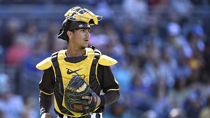 San Diego, California, USA; San Diego Padres catcher Ethan Salas (88) looks on during the eighth inning Seattle Mariners at Petco Park.