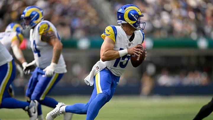 Aug 22, 2026; Inglewood, California, USA; Los Angeles Rams quarterback Ty Simpson (15) drops back to throw a pass during the fourth quarter against the New Orleans Saints at SoFi Stadium. Mandatory Credit: Griffin Hooper-Imagn Images Aug 22, 2026; Inglewood, California, USA; Los Angeles Rams quarterback Ty Simpson (15) drops back to throw a pass during the fourth quarter against the New Orleans Saints at SoFi Stadium. Mandatory Credit: Griffin Hooper-Imagn Images