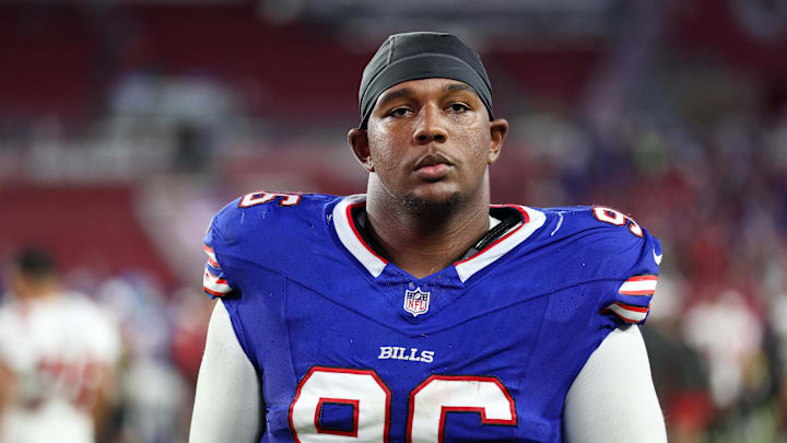 Aug 23, 2025; Tampa, Florida, USA; Buffalo Bills defensive tackle Deone Walker (96) looks on after a game against the Tampa Bay Buccaneers at Raymond James Stadium. 