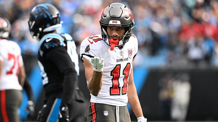 Dec 21, 2025; Charlotte, North Carolina, USA; Tampa Bay Buccaneers wide receiver Jalen McMillan (11) reacts after a play during the first half against the Carolina Panthers at Bank of America Stadium. Mandatory Credit: Bob Donnan-Imagn Images