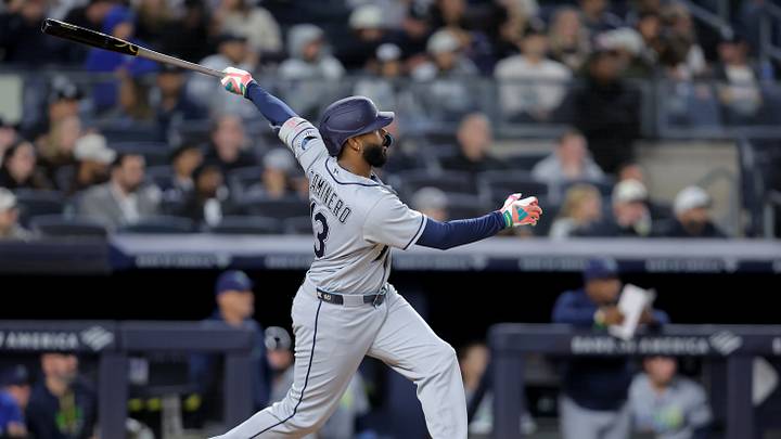 Sep 24, 2026; Bronx, New York, USA; Tampa Bay Rays third baseman Junior Caminero (13) follows through on an RBI single against the New York Yankees during the fifth inning at Yankee Stadium. Mandatory Credit: Brad Penner-Imagn Images Sep 24, 2026; Bronx, New York, USA; Tampa Bay Rays third baseman Junior Caminero (13) follows through on an RBI single against the New York Yankees during the fifth inning at Yankee Stadium. Mandatory Credit: Brad Penner-Imagn Images