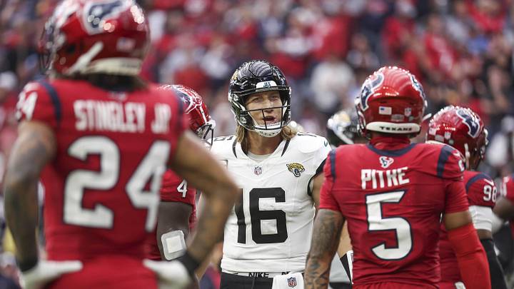 Nov 26, 2023; Houston, Texas, USA; Jacksonville Jaguars quarterback Trevor Lawrence (16) reacts after a penalty is called against the Houston Texans during the third quarter at NRG Stadium. Mandatory Credit: Troy Taormina-Imagn Images Nov 26, 2023; Houston, Texas, USA; Jacksonville Jaguars quarterback Trevor Lawrence (16) reacts after a penalty is called against the Houston Texans during the third quarter at NRG Stadium. Mandatory Credit: Troy Taormina-Imagn Images