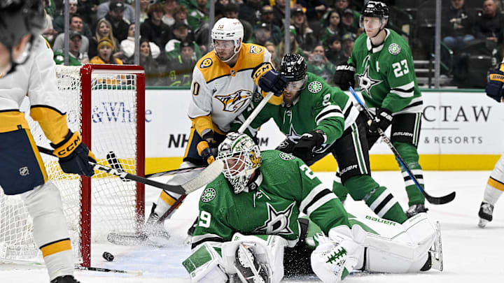 Jan 12, 2024; Dallas, Texas, USA; Dallas Stars goaltender Jake Oettinger (29) gives up a power play