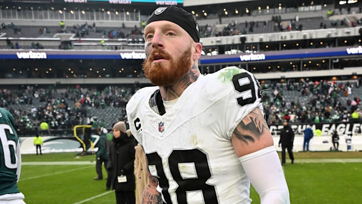 Dec 14, 2025; Philadelphia, Pennsylvania, USA; Las Vegas Raiders defensive end Maxx Crosby (98) on the field after loss to the Philadelphia Eagles at Lincoln Financial Field. Mandatory Credit: Eric Hartline-Imagn Images Dec 14, 2025; Philadelphia, Pennsylvania, USA; Las Vegas Raiders defensive end Maxx Crosby (98) on the field after loss to the Philadelphia Eagles at Lincoln Financial Field. Mandatory Credit: Eric Hartline-Imagn Images