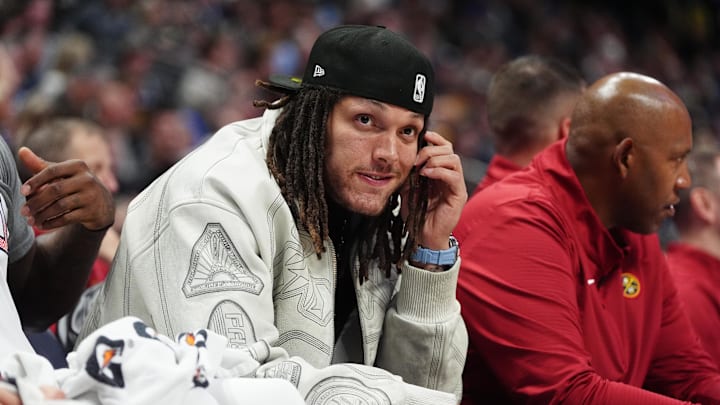 Denver Nuggets forward Aaron Gordon (32) on bench in the second quarter against the New York Knicks at Ball Arena. Denver Nuggets forward Aaron Gordon (32) on bench in the second quarter against the New York Knicks at Ball Arena.