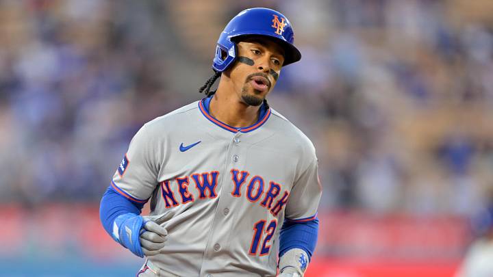 Apr 14, 2026; Los Angeles, California, USA; New York Mets shortstop Francisco Lindor (12) rounds the bases after hitting a solo home run against the Los Angeles Dodgers during the first inning at Dodger Stadium. Mandatory Credit: Jayne Kamin-Oncea-Imagn Images
