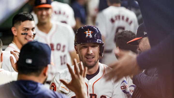 Sep 24, 2024; Houston, Texas, USA; Houston Astros third baseman Alex Bregman (2) celebrates his home run with teammates in the dugout against Seattle Mariners starting pitcher Logan Gilbert (36) (not pictured) in the first inning at Minute Maid Park. Mandatory Credit: Thomas Shea-Imagn Images Sep 24, 2024; Houston, Texas, USA; Houston Astros third baseman Alex Bregman (2) celebrates his home run with teammates in the dugout against Seattle Mariners starting pitcher Logan Gilbert (36) (not pictured) in the first inning at Minute Maid Park. Mandatory Credit: Thomas Shea-Imagn Images