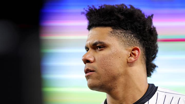 Oct 28, 2024; New York, New York, USA; New York Yankees outfielder Juan Soto (22) before playing against the Los Angeles Dodgers in game three of the 2024 MLB World Series at Yankee Stadium. Mandatory Credit: Brad Penner-Imagn Images