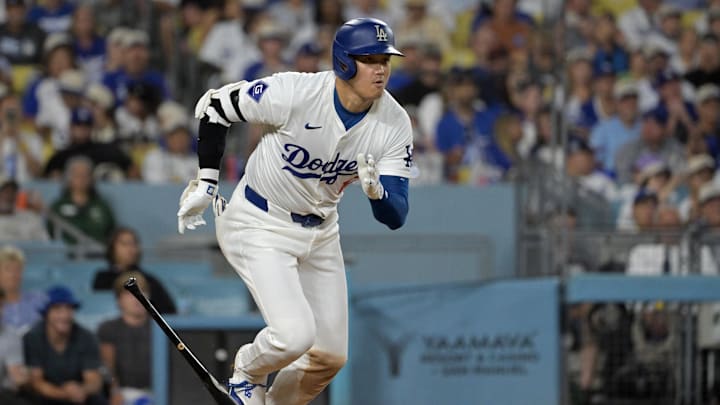Jul 22, 2024; Los Angeles, California, USA;  Los Angeles Dodgers designated hitter Shohei Ohtani (17) runs to first on a ground out in the sixth inning against the San Francisco Giants at Dodger Stadium. Mandatory Credit: Jayne Kamin-Oncea-USA TODAY Sports