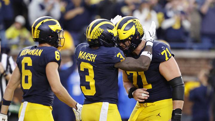 Sep 19, 2026; Ann Arbor, Michigan, USA;  Michigan Wolverines wide receiver Andrew Marsh (3) celebrates a touchdown catch with offensive lineman Evan Link (71) against the Texas El Paso Miners during the third quarter at Michigan Stadium.  Mandatory Credit: Rick Osentoski-Imagn Images