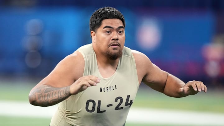 Mar 3, 2024; Indianapolis, IN, USA; Oregon State offensive lineman Taliese Fuaga (OL24)