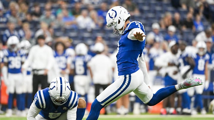 Aug 16, 2025; Indianapolis, Indiana, USA; Indianapolis Colts kicker Spencer Shrader (3) attempts a field goal from the hold of Rigoberto Sanchez (0) during the second half against the Green Bay Packers at Lucas Oil Stadium. Mandatory Credit: Robert Goddin-Imagn Images Aug 16, 2025; Indianapolis, Indiana, USA; Indianapolis Colts kicker Spencer Shrader (3) attempts a field goal from the hold of Rigoberto Sanchez (0) during the second half against the Green Bay Packers at Lucas Oil Stadium. Mandatory Credit: Robert Goddin-Imagn Images