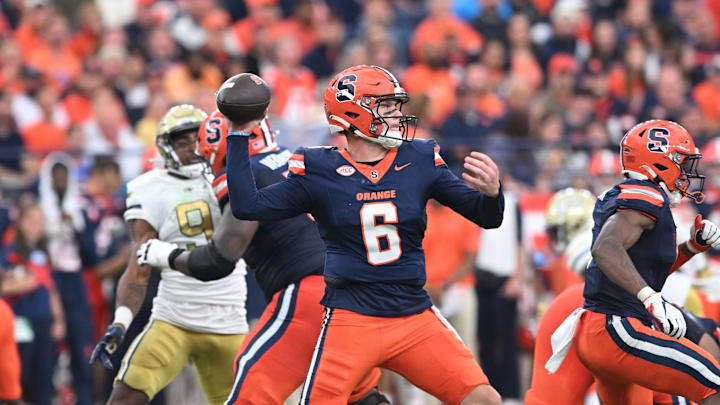 Sep 7, 2024; Syracuse, New York, USA; Syracuse Orange quarterback Kyle McCord (6) throws a pass in the second quarter against the Georgia Tech Yellow Jackets at the JMA Wireless Dome. Mandatory Credit: Mark Konezny-Imagn Images
