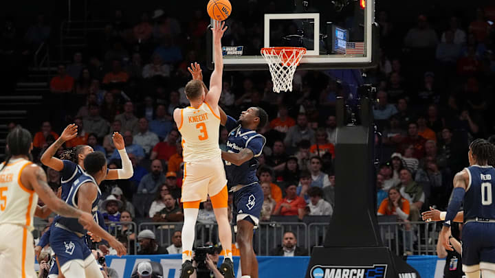 Mar 21, 2024; Charlotte, NC, USA; Tennessee Volunteers guard Dalton Knecht (3) shoots over Saint Peter's. 