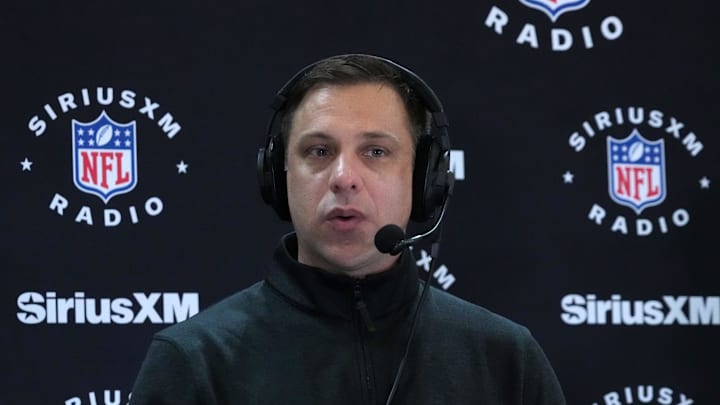 Feb 27, 2024; Indianapolis, IN, USA; Kansas City Chiefs general manager Brett Veach on the SiriusXM radio set at the NFL Scouting Combine at Indiana Convention Center. Mandatory Credit: Kirby Lee-Imagn Images