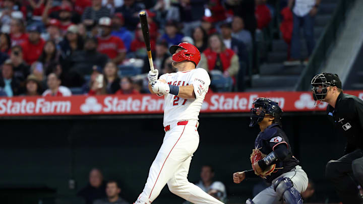 Apr 4, 2025; Anaheim, California, USA;  Los Angeles Angels right fielder Mike Trout (27) hits a home run during the first inning against the Cleveland Guardians at Angel Stadium. Mandatory Credit: Kiyoshi Mio-Imagn Images