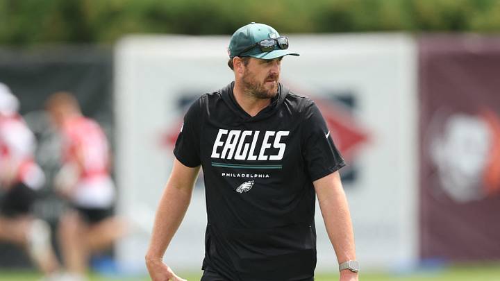 Jul 30, 2026; Philadelphia, PA, USA; Philadelphia Eagles offensive coordinator Sean Mannion looks on during training camp at Jefferson Health Training Complex. Jul 30, 2026; Philadelphia, PA, USA; Philadelphia Eagles offensive coordinator Sean Mannion looks on during training camp at Jefferson Health Training Complex.