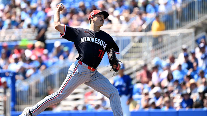 Mar 11, 2025; Dunedin, Florida, USA; Minnesota Twins starting pitcher Andrew Morris (78) throws a pitch in the first inning against the Toronto Blue Jays during spring training  at TD Ballpark. Mandatory Credit: Jonathan Dyer-Imagn Images