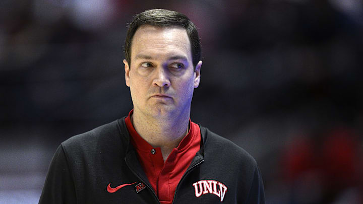 Jan 6, 2024; San Diego, California, USA; UNLV Rebels head coach Kevin Kruger looks on during the first half against the San Diego State Aztecs at Viejas Arena.