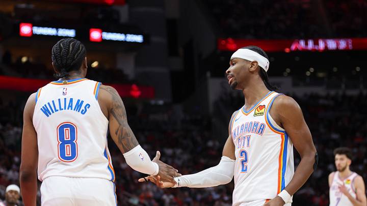 Jan 15, 2026; Houston, Texas, USA; Oklahoma City Thunder guard Jalen Williams (8) and guard Shai Gilgeous-Alexander (2) react after a play during the third quarter against the Houston Rockets at Toyota Center. Mandatory Credit: Troy Taormina-Imagn Images