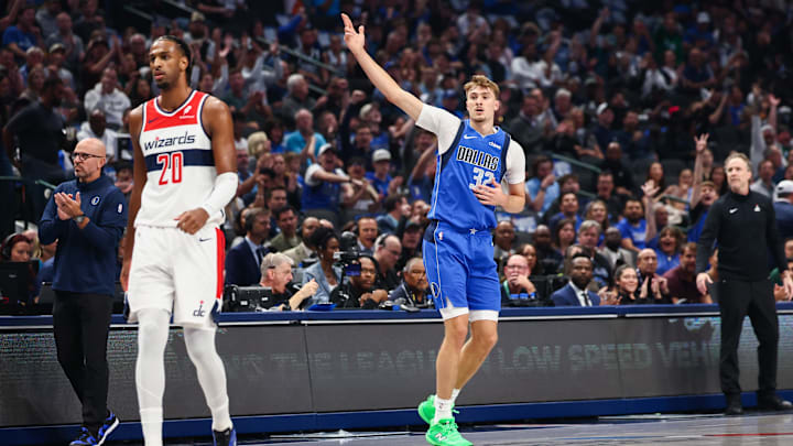 Oct 24, 2025; Dallas, Texas, USA; Dallas Mavericks forward Cooper Flagg (32) reacts in front of Washington Wizards center Alex Sarr (20) after scoring during the first quarter at American Airlines Center. Mandatory Credit: Kevin Jairaj-Imagn Images Oct 24, 2025; Dallas, Texas, USA; Dallas Mavericks forward Cooper Flagg (32) reacts in front of Washington Wizards center Alex Sarr (20) after scoring during the first quarter at American Airlines Center. Mandatory Credit: Kevin Jairaj-Imagn Images