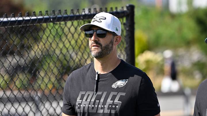 Aug 19, 2026; Foxborough, Massachusetts, USA; Philadelphia Eagles head coach Nick Sirianni walks to the practice field during training camp at Gillette Stadium. 