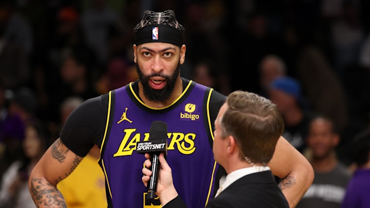 Mar 22, 2024; Los Angeles, California, USA;  Los Angeles Lakers forward Anthony Davis (3) talks at post game interview after defeating the Philadelphia 76ers 101-94 at Crypto.com Arena. Mandatory Credit: Kiyoshi Mio-Imagn Images