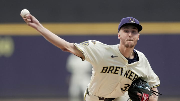 Milwaukee Brewers pitcher Jacob Misiorowski (32) throws during the first inning of their game against the Arizona Diamondbacks Tuesday, August 26, 2025 at American Family Field in Milwaukee, Wisconsin.