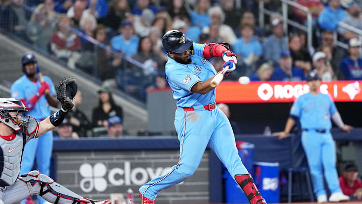 Vladimir Guerrero Jr. is one of the three options to steal top 10 AL MVP votes from Ben Rice. Mandatory Credit: Nick Turchiaro-Imagn Images