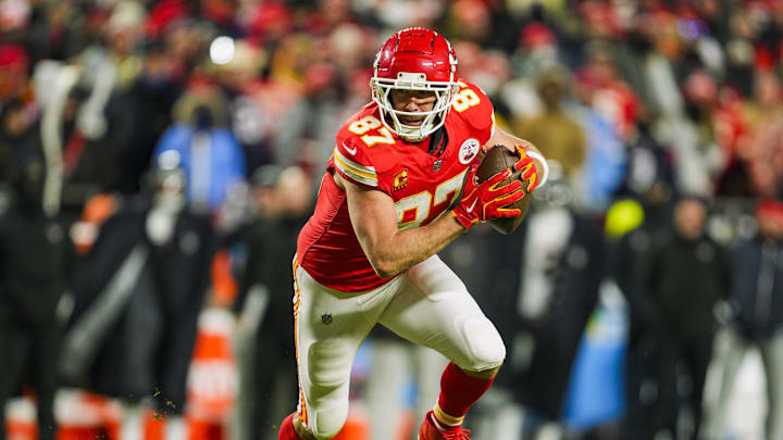 Jan 18, 2025; Kansas City, Missouri, USA; Kansas City Chiefs tight end Travis Kelce (87) runs with the ball during the second half against Houston Texans in a 2025 AFC divisional round game at GEHA Field at Arrowhead Stadium. Mandatory Credit: Jay Biggerstaff-Imagn Images Jan 18, 2025; Kansas City, Missouri, USA; Kansas City Chiefs tight end Travis Kelce (87) runs with the ball during the second half against Houston Texans in a 2025 AFC divisional round game at GEHA Field at Arrowhead Stadium. Mandatory Credit: Jay Biggerstaff-Imagn Images
