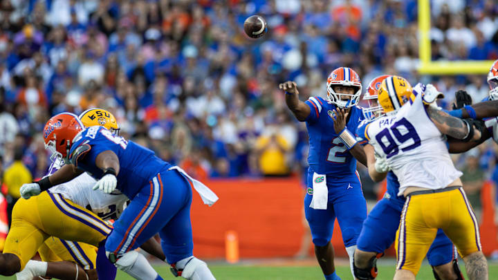 Nov 16, 2024; Gainesville, Florida, USA; Florida Gators quarterback DJ Lagway (2) throws the ball against the LSU Tigers during the first half at Ben Hill Griffin Stadium. Mandatory Credit: Matt Pendleton-Imagn Images