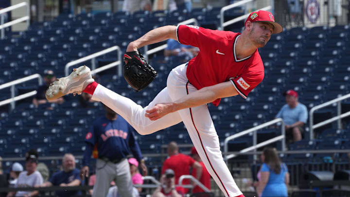 Feb 21, 2026; West Palm Beach, Florida, USA;  Washington Nationals pitcher Jake Eder (46) starts the game against the Houston Astros at CACTI Park of the Palm Beaches. Mandatory Credit: Jim Rassol-Imagn Images