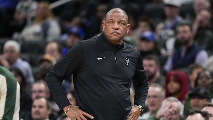 Nov 18, 2024; Milwaukee, Wisconsin, USA;  Milwaukee Bucks head coach Doc Rivers looks on during the first quarter against the Houston Rockets at Fiserv Forum. Mandatory Credit: Jeff Hanisch-Imagn Images