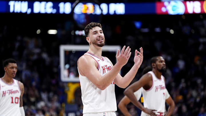 Dec 15, 2025; Denver, Colorado, USA; Houston Rockets center Alperen Sengun (28) reacts to a tripping foul called in the fourth quarter against the Denver Nuggets at Ball Arena. Mandatory Credit: Ron Chenoy-Imagn Images Dec 15, 2025; Denver, Colorado, USA; Houston Rockets center Alperen Sengun (28) reacts to a tripping foul called in the fourth quarter against the Denver Nuggets at Ball Arena. Mandatory Credit: Ron Chenoy-Imagn Images