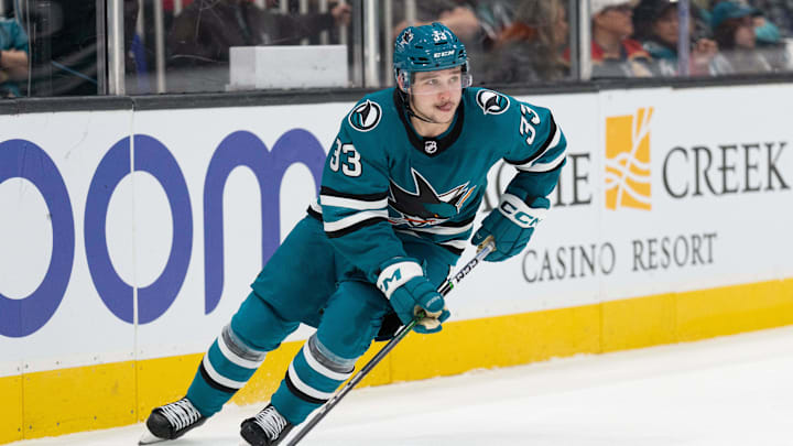 Nov 14, 2023; San Jose, California, USA; San Jose Sharks defenseman Calen Addison (33) controls the