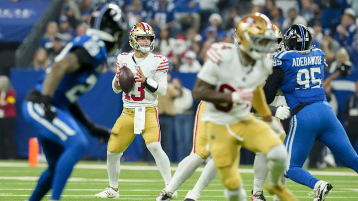 San Francisco 49ers quarterback Brock Purdy (13) looks to pass Monday, Dec. 22, 2025, during a game against the Indianapolis Colts at Lucas Oil Stadium in Indianapolis.