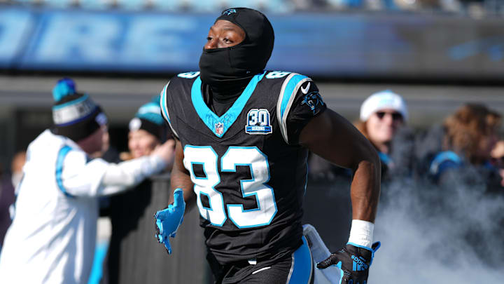 Dec 22, 2024; Charlotte, North Carolina, USA; Carolina Panthers wide receiver David Moore (83) takes the field during the first quarter against the Arizona Cardinals at Bank of America Stadium. Mandatory Credit: Jim Dedmon-Imagn Images