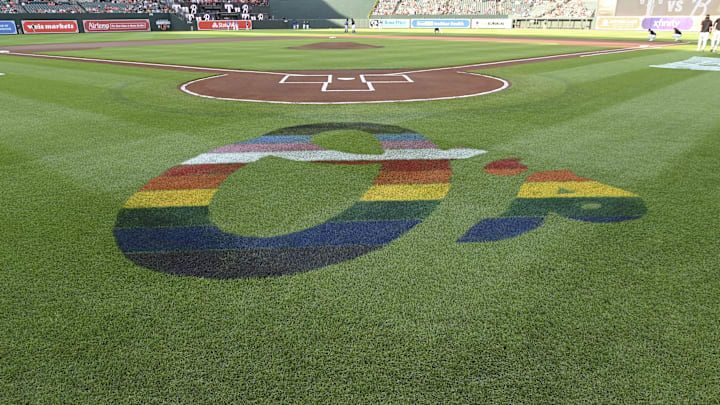 Jun 28, 2024; Baltimore, Maryland, USA;    A general  view of the Baltimore Orioles logo on the field before the game against the Texas Rangers at Oriole Park at Camden Yards. Mandatory Credit: Tommy Gilligan-Imagn Images