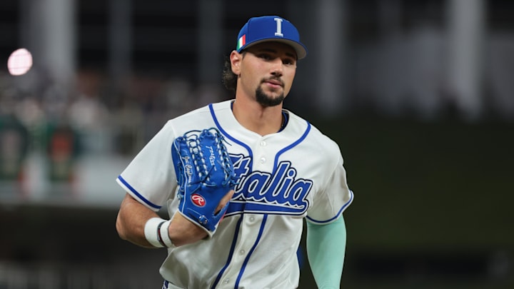 Mar 16, 2026; Miami, FL, United States; Italy right fielder Jac Caglianone (14) runs off the field after the second inning against Venezuela during a semifinal game of the 2026 World Baseball Classic at loanDepot Park. Mandatory Credit: Sam Navarro-Imagn Images Mar 16, 2026; Miami, FL, United States; Italy right fielder Jac Caglianone (14) runs off the field after the second inning against Venezuela during a semifinal game of the 2026 World Baseball Classic at loanDepot Park. Mandatory Credit: Sam Navarro-Imagn Images