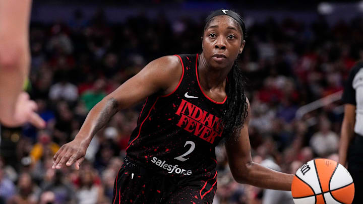 Indiana Fever guard Aari McDonald (2) rushes up the court Wednesday, July 30, 2025, during the game at Gainbridge Fieldhouse in Indianapolis.