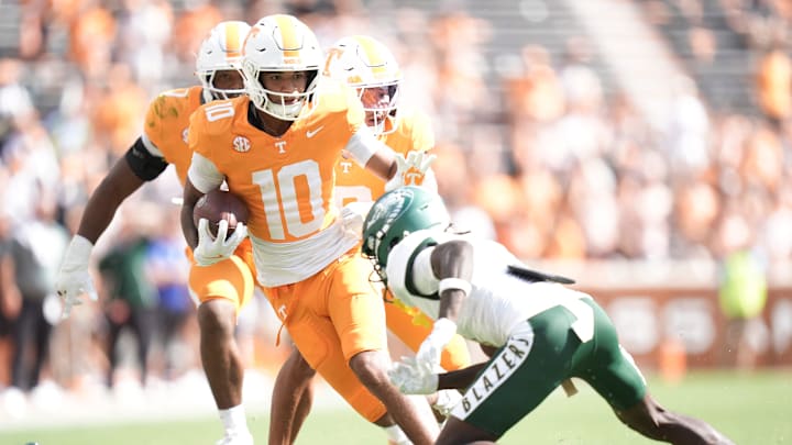 Tennessee defensive back Kaleb Beasley (10) runs the ball on a turnover during a college football game between Tennessee and UAB at Neyland Stadium in Knoxville, Tenn., on Sept. 20, 2025. Tennessee defeated UAB. Tennessee defensive back Kaleb Beasley (10) runs the ball on a turnover during a college football game between Tennessee and UAB at Neyland Stadium in Knoxville, Tenn., on Sept. 20, 2025. Tennessee defeated UAB.